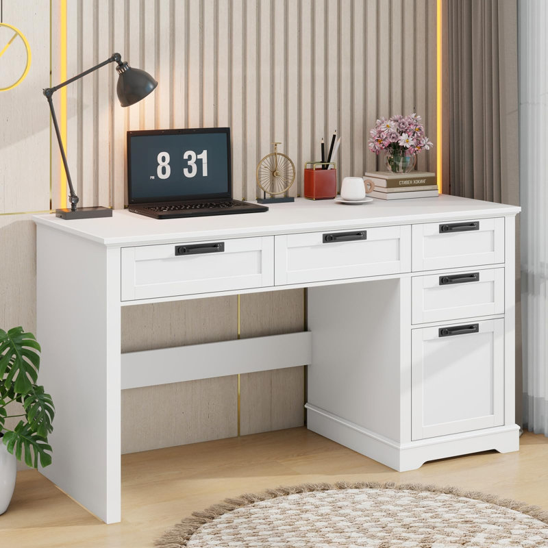 55" Farmhouse Home Office Desk With File Drawer, White/White