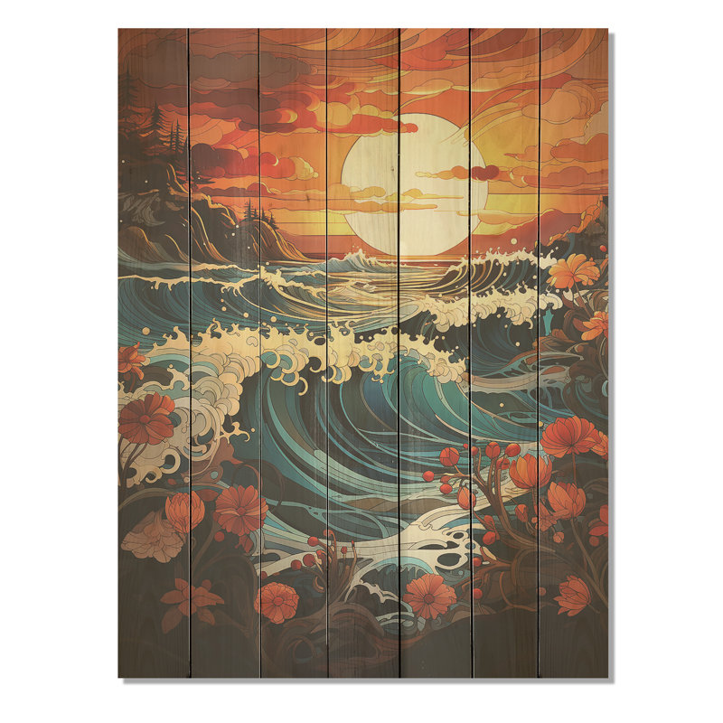 Vagues japonaises orange au coucher du soleil I - coucher de soleil côtier sur bois, H 20 po x l 10 po