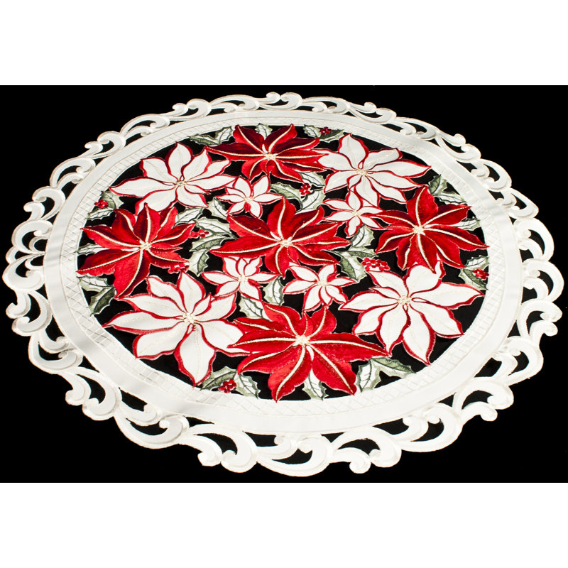Grand plateau de table ivoire à motif de poinsettias, Rond 24 po