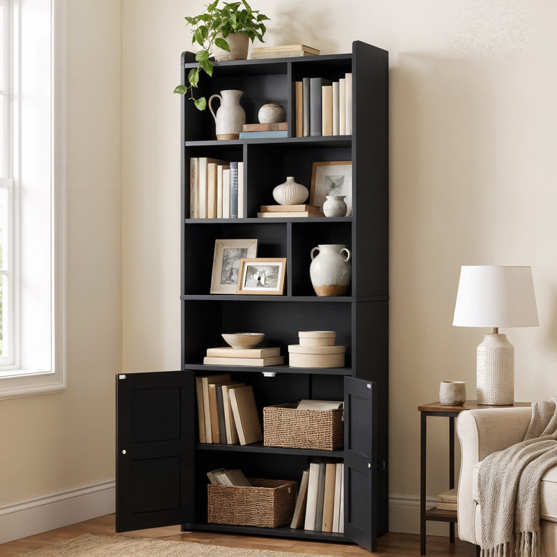 Bookcase With Open Cubbies & Cabinet, Black, (6 Shelves) 158cm. H x 60cm. W x 30cm. D