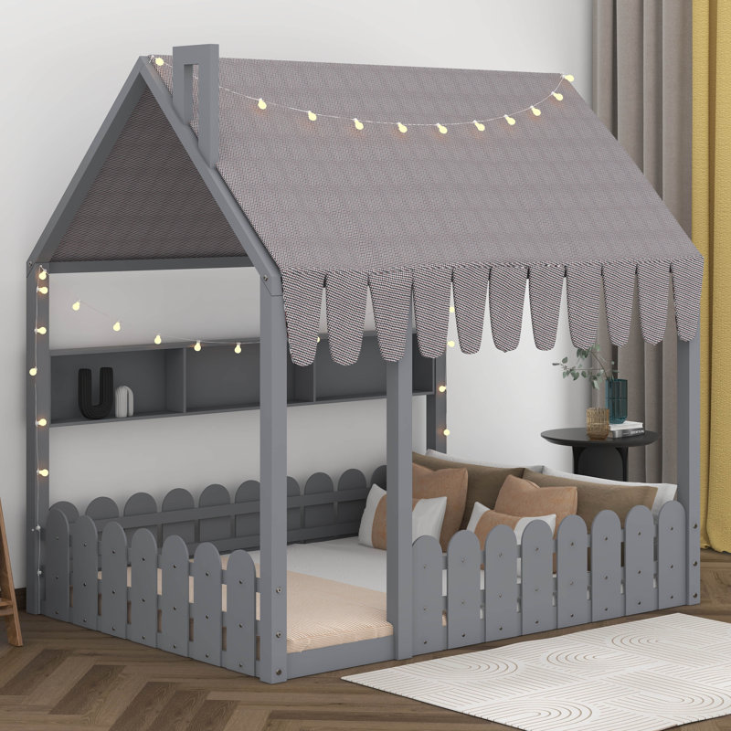 Lit de maison avec garde-corps, tente et lumières, cadre de lit en bois avec 3 tablettes de rangement, Lit double, Gris