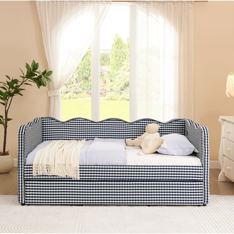 Lit de jour simple en lin bleu marine avec couchette, apparence confortable, forme ondulée, fonction de charge, multifonctionnel pour le repos et le divertissement, sécurité des coins arrondis, étapes d'assemblage simples, style,