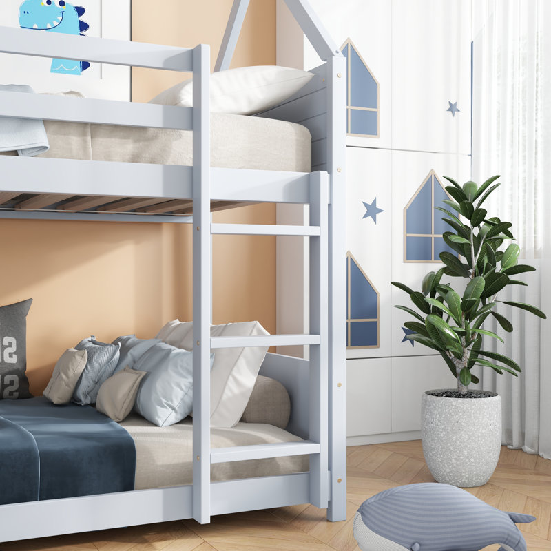 Lit superposé simple de style maison avec barrières de sécurité et échelle intégrée, Gris