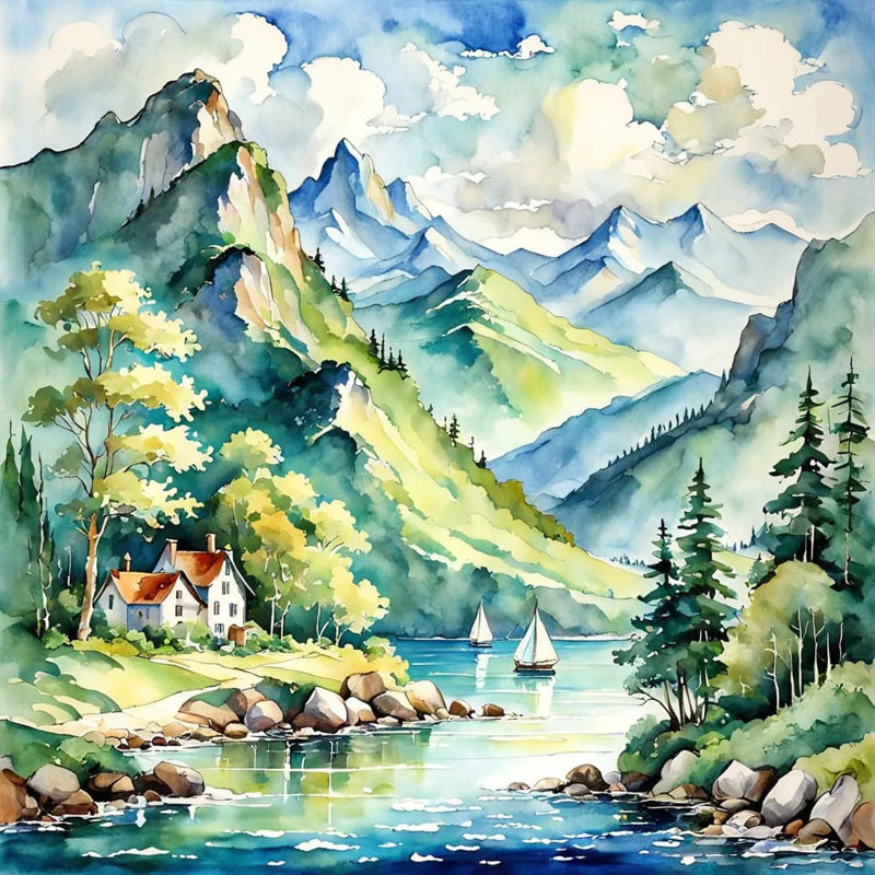 «Serene Mountain Lake», toile tendue à l'aquarelle, H 12 po x l 12 po