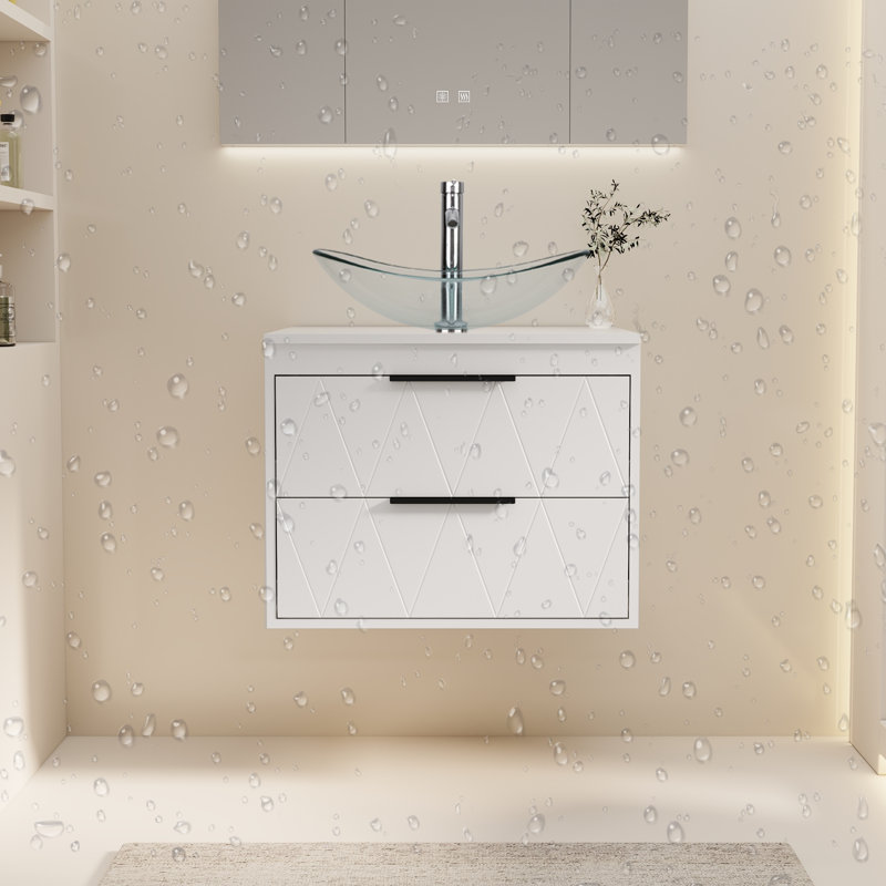 Sharee 24" Wall Mount Single Bathroom Vanity With Vessel Sink, Floating Cabinet Manufactured Wood Top, Faucet, Drain, White