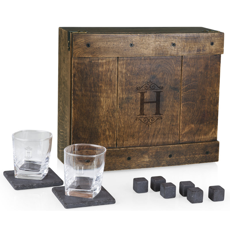 Monogram Whiskey Oak Box, ensemble de 2 verres à whisky et pierres Espen, H