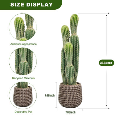 2FT Fuzzy 16-Ridge Single Stem Artificial Cactus in Light Gray Woven Pot, Faux Cactus Plants Indoor Fake Succulents with 1-Minute Assembly