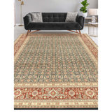 Hand Knotted Wool Oriental Area Rug in Green And Wine