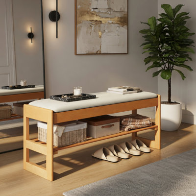 2-Tier Shoe Rack Bench with Flip-Open Storage – Rubberwood Entryway Bench, Padded Seat & Hidden Compartment, Beige & Brown Options