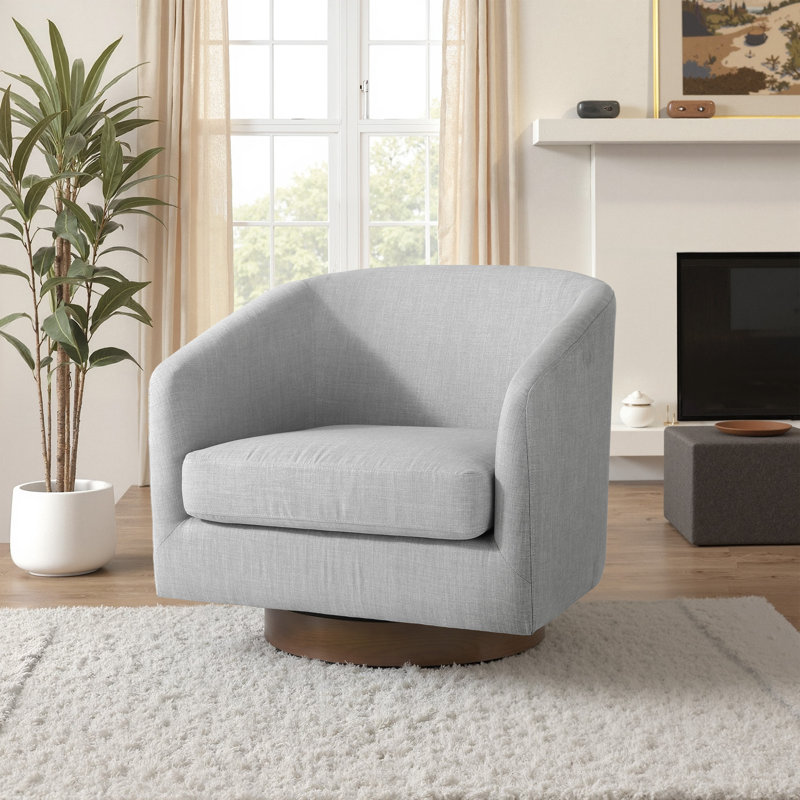 Fauteuil demi-tonneau pivotant en mélange de coton gris clair avec base en bois massif Applewold, Mélange de lin gris clair