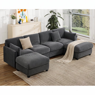 Brampton 128.2'' Wide Upholstered Corduroy Modular Sectional Sofa With Dual Removable Ottomans