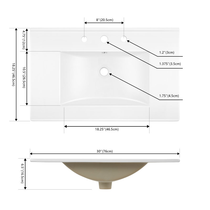 White Rectangular Ceramic Single Sink Vanity Top, 30"