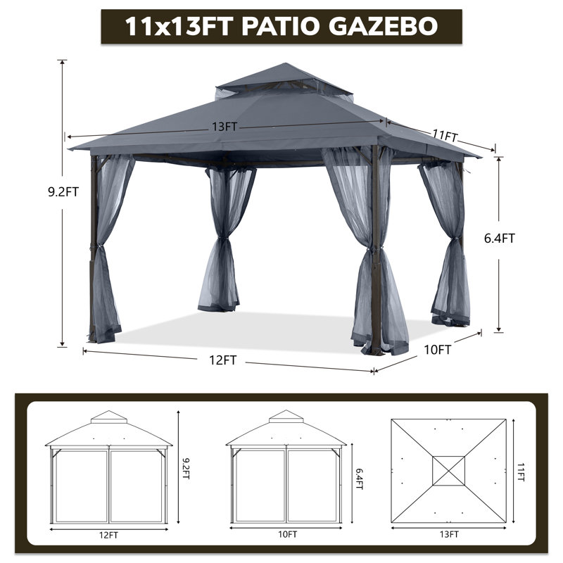 Steel Patio Gazebo The Soft Roof, Gray, 110" H x 156" W x 132" D