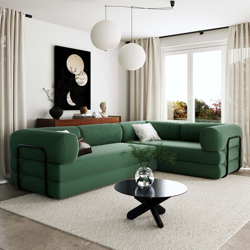 L-Shaped Corduroy Modular Sofa Bed with Tool-Free Assembly