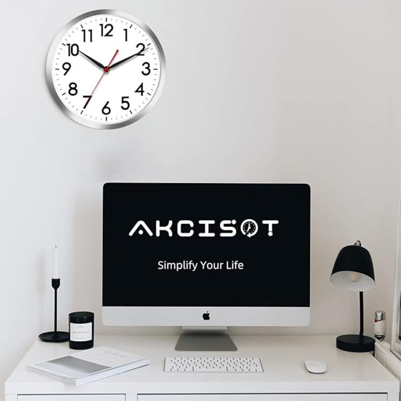 AKCISOT Wall Clock 10 Inch Silent Wall Clocks Battery Operated Non Ticking - Modern Silver Clock Decorative For Kitchen, Bathroom, Bedroom, Living Room, Office, Home(Silver)