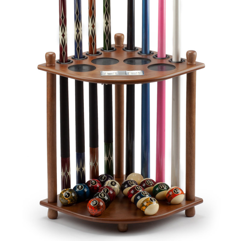 Oak Corner-Style Floor Stand Billiard Pool Cue Rack with Score Counters