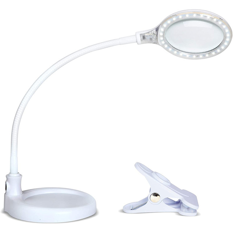Lightview Flex LED 2.25X (5 Diopter) Magnifying Desk Lamp, White Gooseneck with Interchangeable Weighted Base & Clamp, White