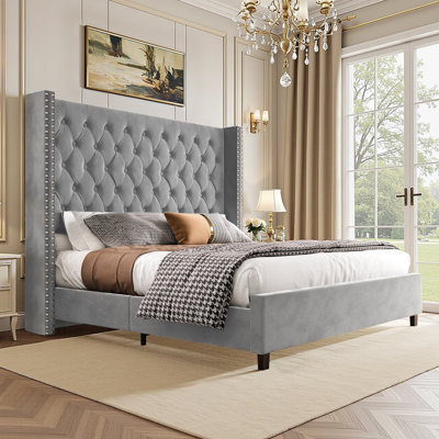 Bed Frame with 61.4" Tall Headboard Upholstered Velvet Platform Bed