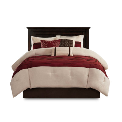 Queen Comforter In Red - 7 Piece Faux Suede Elegant Inner Embroidered Pillows Washable And Modern Bedding Softness Core Decorative Machine Comfort