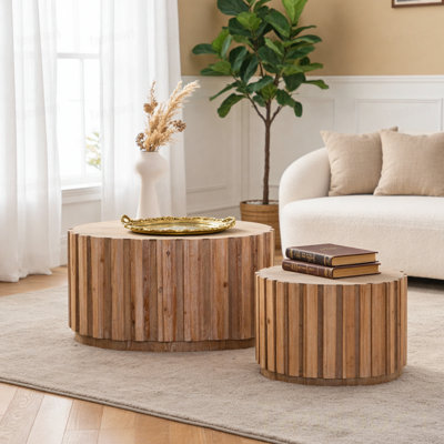 Ensemble de 2 tables d'appoint rondes en bois avec structure à lattes verticales, tables d'appoint rustiques de style campagnard pour le salon