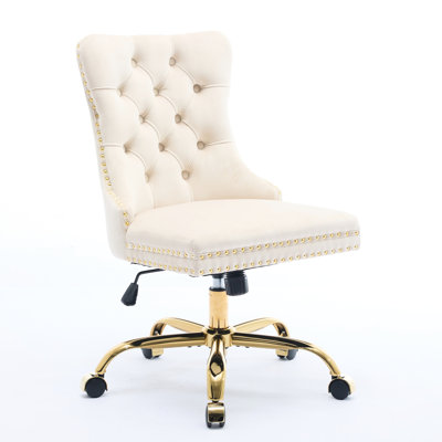 Fauteuil de bureau moderne en velours beige, réglable et pivotant, avec boutons fabriqués à la main, garniture cloutée décorative, structure à triple élastique, style américain, pivotant et rembourré, boutons en métal doré