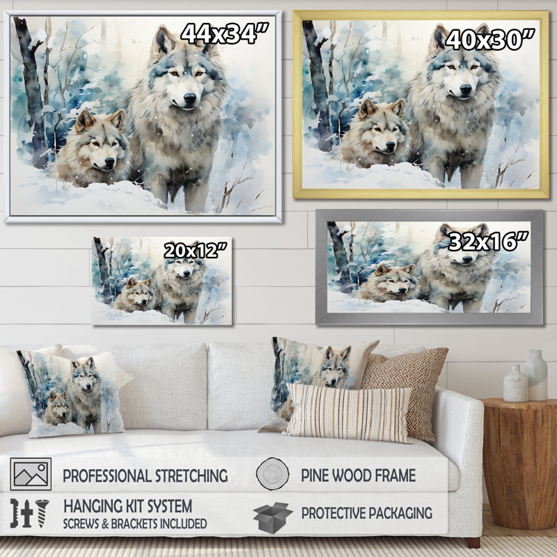 Neige loups en hiver II - loup, art mural, H 24 po x l 32 po x P 1 po, Cadre d'angle fermé noir