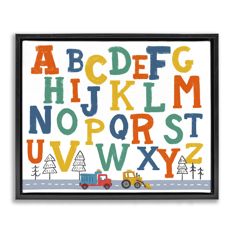 "Alphabet & Construction Camions", art mural sur toile flottante noire par Diane Labombarbe, H 25 po x l 31 po