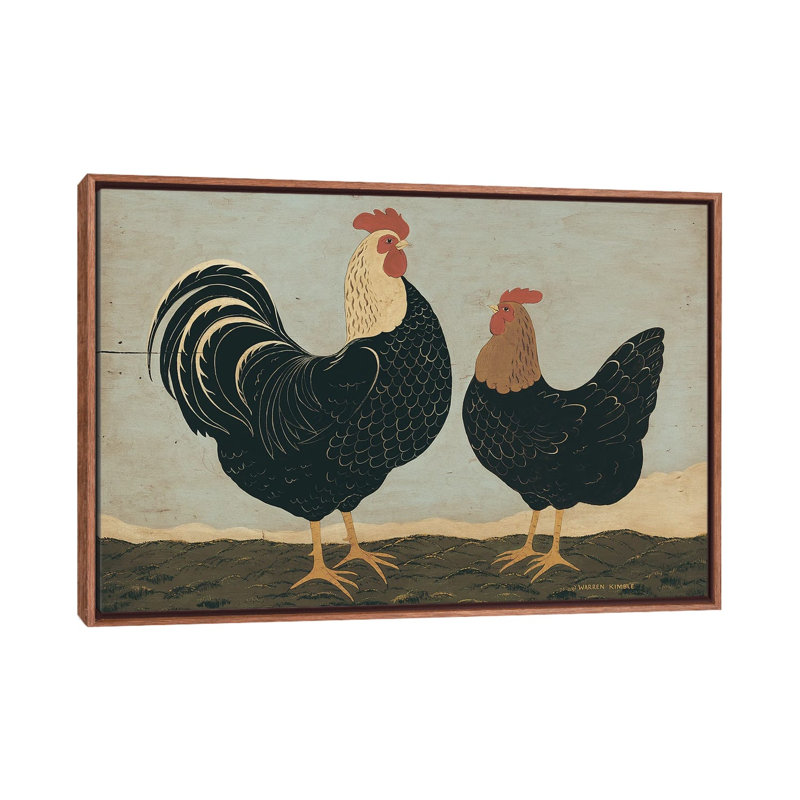 Double coqs - reproduction d'art murale encadrée, H 40 po x l 60 po, Reproduction encadrée sans passe-partout, Brun