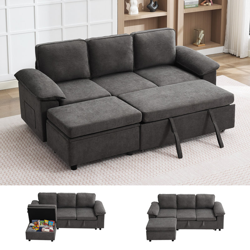Canapé-lit modulaire en L 80 po - Modulaire 3 places avec lit escamotable et repose-pieds avec rangement 80 po, Gris foncé