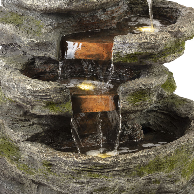 8-Tier Outdoor Rock Water Fountain with LED Lights, 58", Gray