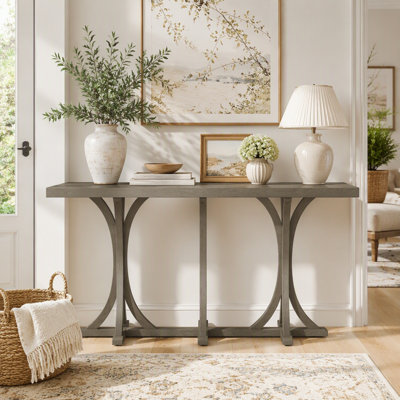 Console de 59,8 po en bois avec plateau en placage de chêne, table d'entrée de ferme avec pieds courbés minces en bois d'hévéa, pour le salon, le vestibule, le couloir et les espaces de salle à manger.