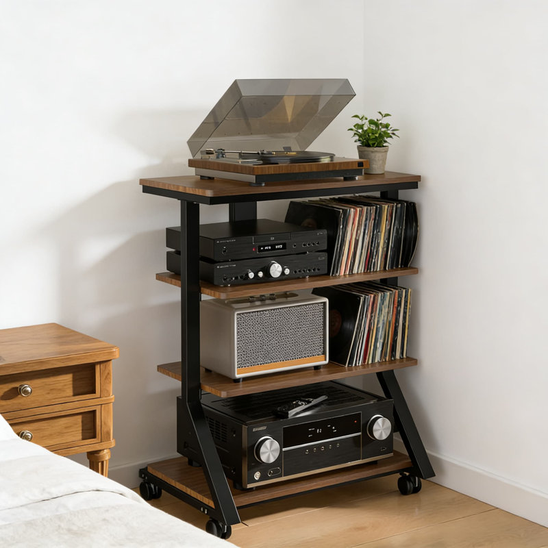 4-Tier Mobile AV Media Stand With Adjustable Shelves, Heavy-Duty Audio Rack For Record Player, TV Box, Stereo Equipment And Corner Entertainment Center