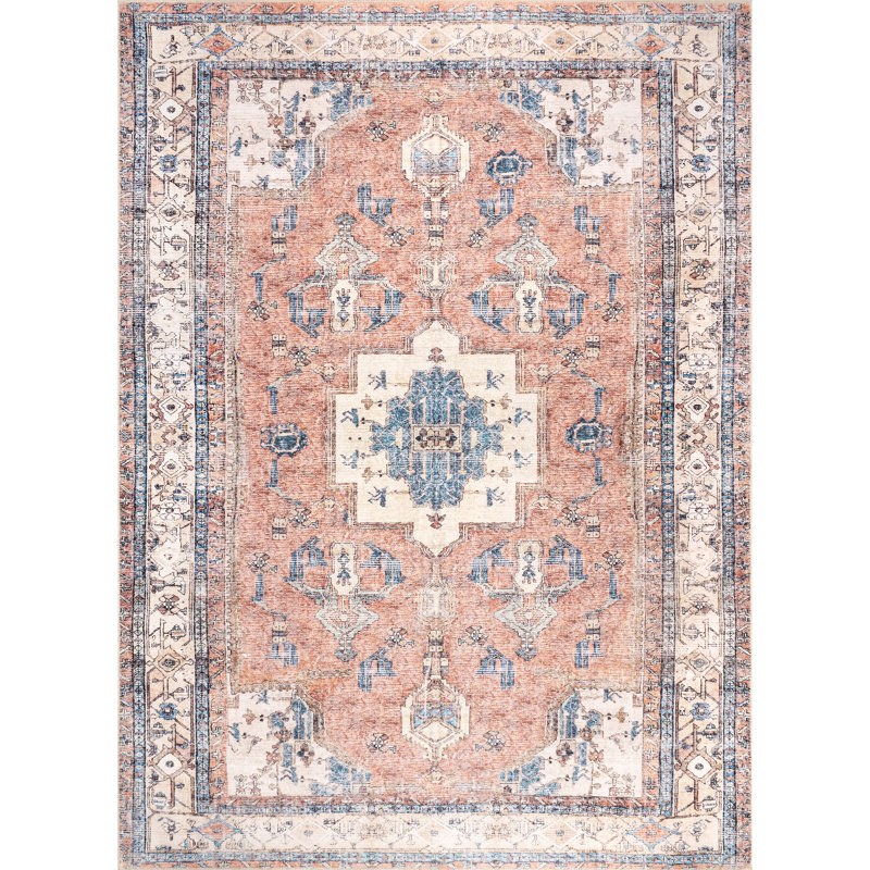 Oriental Medallion Machine Washable Area Rug for Living Room Bedroom Dining Room Kitchen, Light Rust/Ivory, Rectangle 3' x 5'