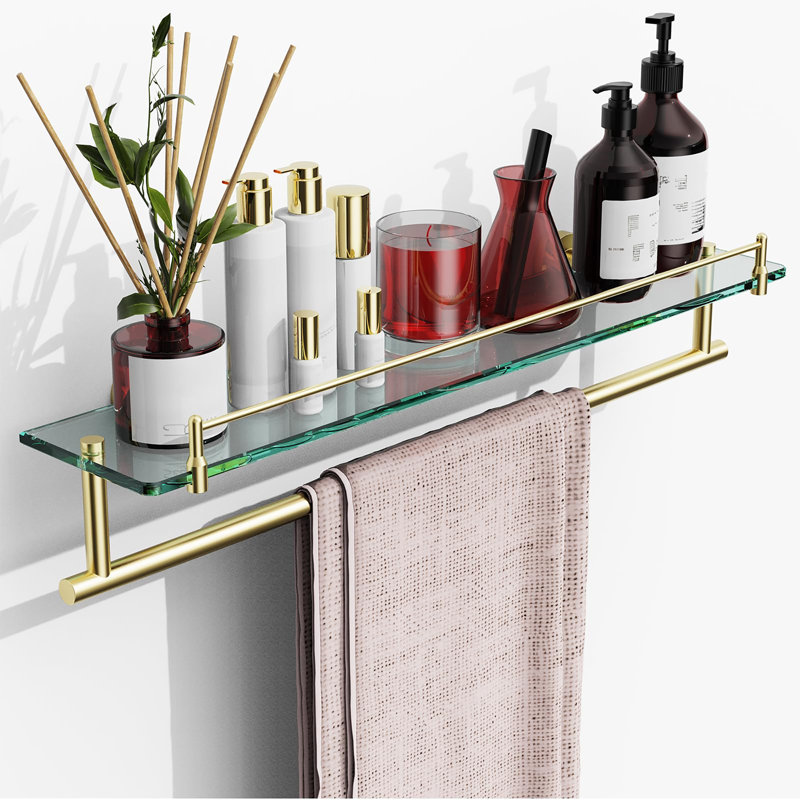 Tablette de salle de bain flottante en verre trempé 24 pouces avec barre à serviettes, Brushed Gold