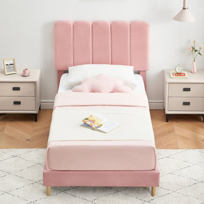 Structure de lit avec tiroir sous le lit, lit plateforme tapissier avec tête de lit Wave pour enfants / filles, support de lattes en bois