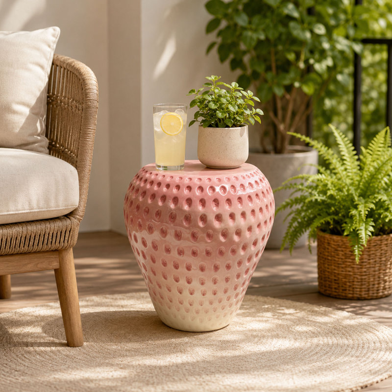 Tabouret d'appoint en forme de fraise et table d'appoint en résine