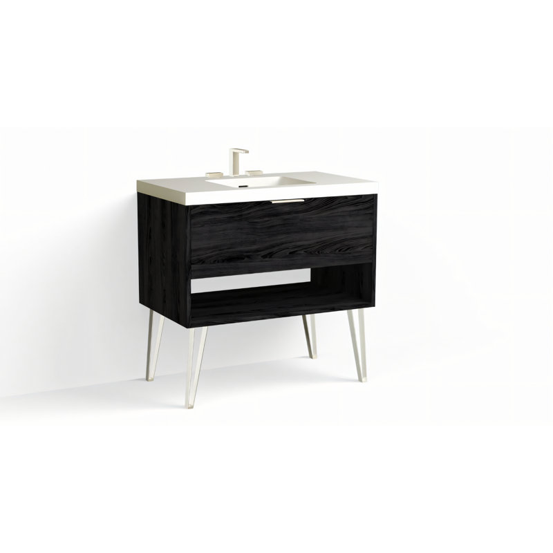 Modo 36" W Freestanding Single Bathroom Vanity with Dawson Leg, Charred, Matte White/8" Widespread, Polished Nickel