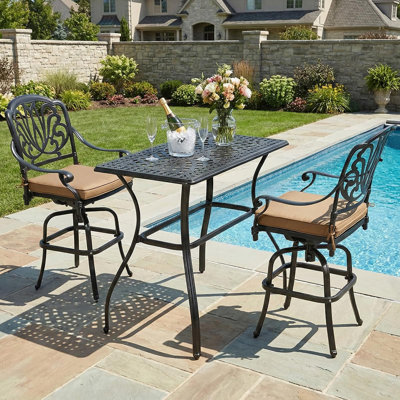  3-Piece Patio Swivel Bar Set, All-Weather Cast Aluminum Outdoor Bar Height Bistro Set With 2 Cushioned Bar Stools With Footrest And 42" Rectangle High Top Bar Table For Deck, Poolside, Garden