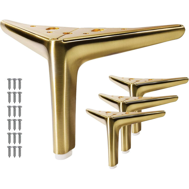 Set Of 4 Brushed Gold Metal Furniture Legs For Modern Cabinets, Sofas, Chairs, Beds, And Dressers - Durable DIY Replacement Feet