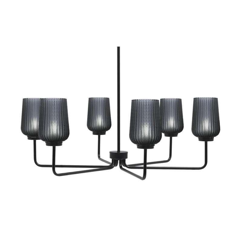 Lustre 6 lumières Amarmula, finition noir mat, verre texturé fumée 5 po, Noir, Transparent/noir