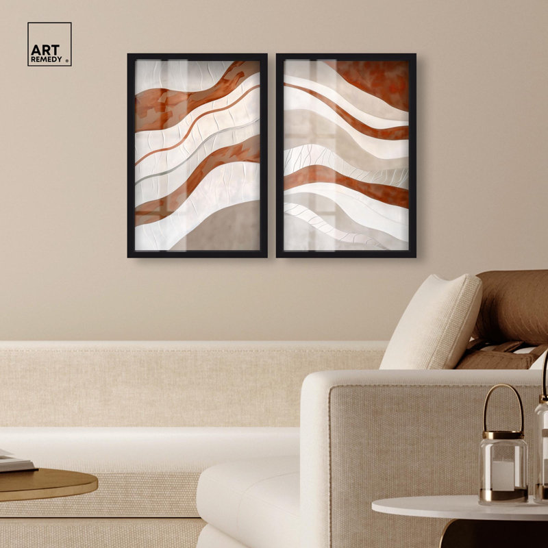 Ensemble d'art abstrait bohème « Honeyed Ripples » en duo, impression sous cadre, par Art Remedy, cadre noir, 10 x 15