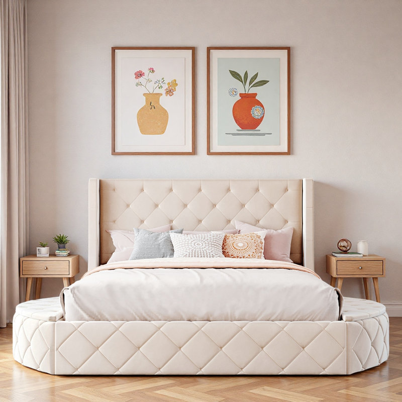 Lit plateforme tapissier avec tête de lit à oreilles, 1 grand tiroir et 2 tabourets de rangement latéraux, Beige