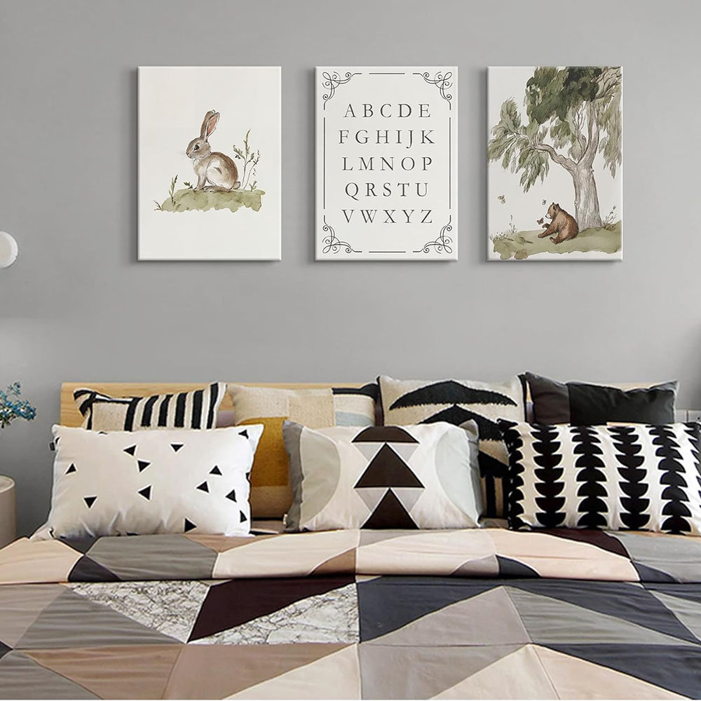 Set Of 3 Woodland Nursery Wall Art Neutral Forest Animal Alphabet Canvas Wall Decor Vintage Nursery Wild Animals Paintings Pictures Kids Boys Girl Roo