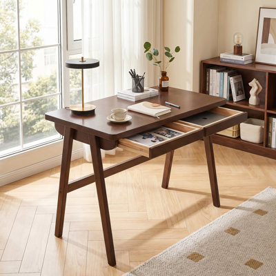 Retro Walnut Solid Wood Computer Desk with Drawer, Mid-Century Modern Writing Desk for Home Office, Sturdy A-Frame Study Table