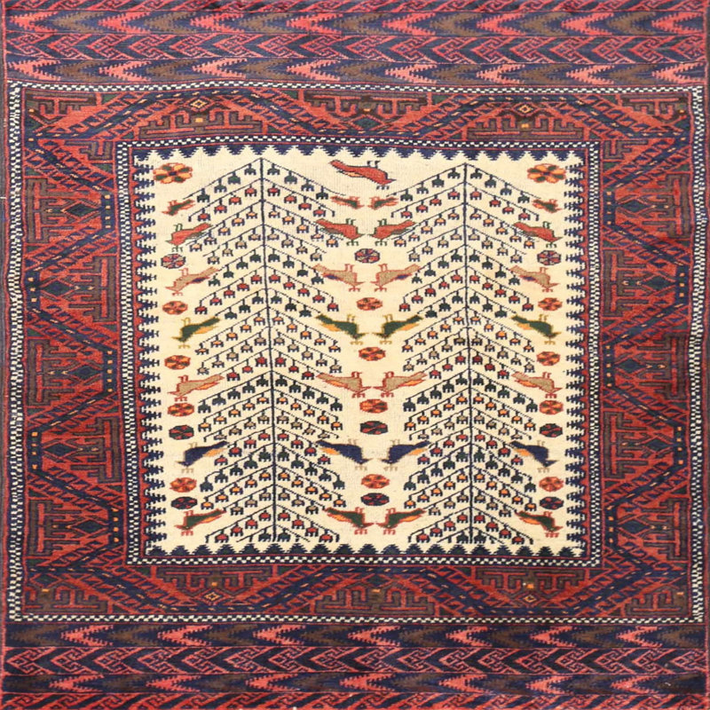 Tapis traditionnel rouge / beige, Carré 5 pi