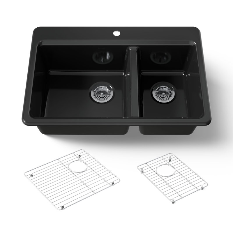 Riverby 33 In. Top-Mount Double-Bowl Kitchen Sink, Black, 1 hole, Large/medium bowls