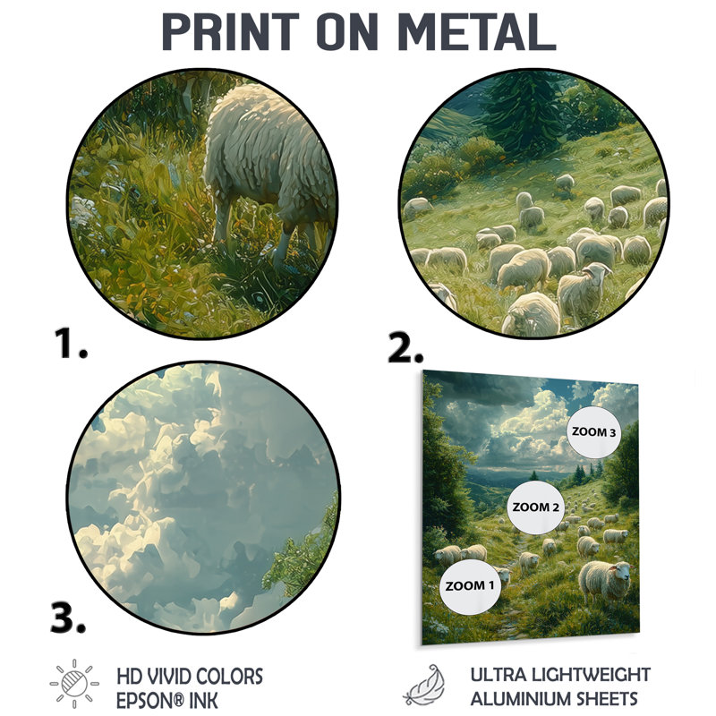 «Sheep On The Hillside», reproduction d'art en métal moderne, art mural en métal Sheep, H 20 po x l 12 po