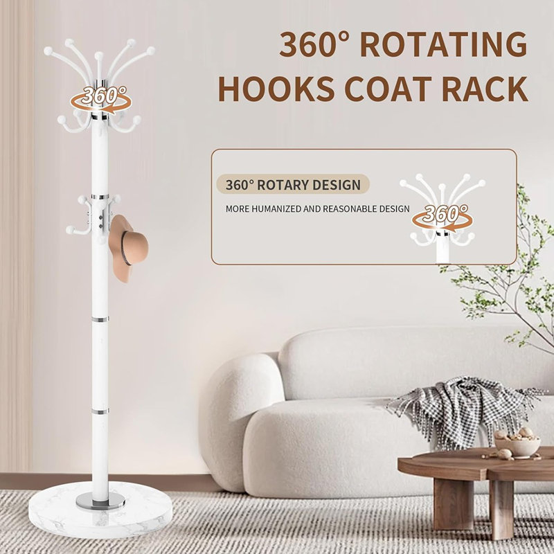 Portemanteau pivotant à 360 ° en métal blanc avec base en marbre, portemanteau autoportant avec 16 crochets pour vestes, chapeaux, sacs - vestibule ou chambre à coucher