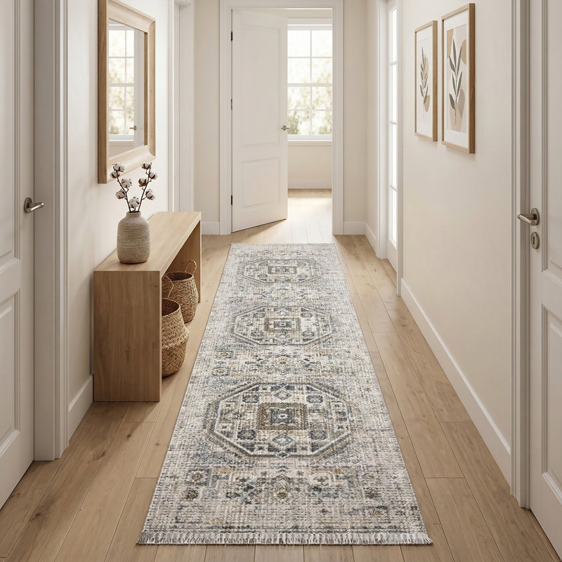 Boho Vintage Fringe Area Rug In Cream/Beige/Gray/Yellow/Blue Carpet For Living Room, Bedroom, Hallway Runner, Runner 2' x 8'