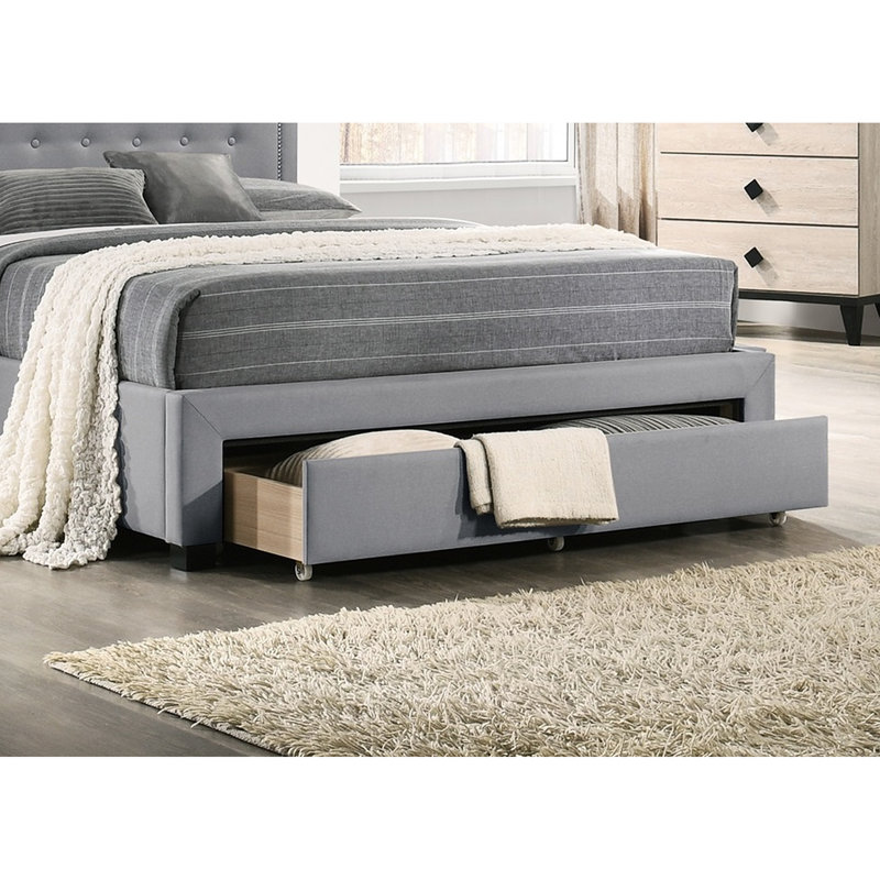 Lit simple gris avec tête de lit élégante et tiroir de rangement caché avec revêtement en toile de jute